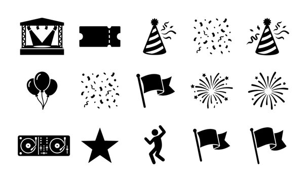 Festival and party event icons set, 15 black silhouette celebration symbols, concert stage and fireworks vector elements for entertainment design