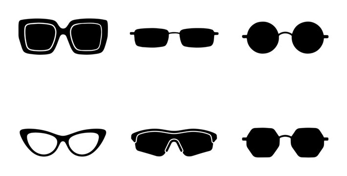 Minimalist black sunglasses icons set, 6 modern eyewear vector silhouettes, stylish sun glasses frames for summer fashion and optical retail design