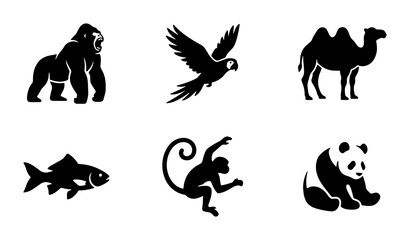 Black animal silhouettes set of 6 vector icons, wild wildlife fauna collection featuring gorilla, parrot, camel, fish, monkey and panda © Shahin