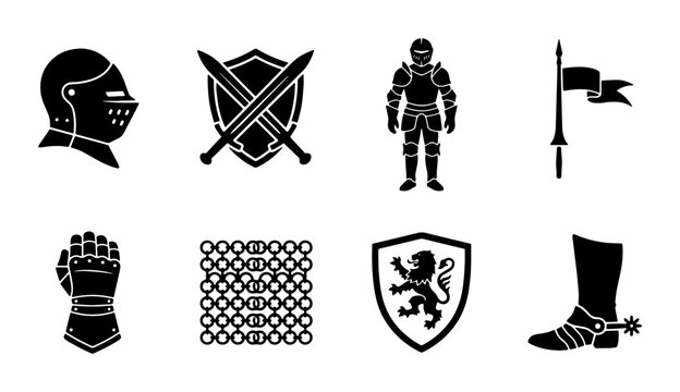 Medieval knight armor icons set, black silhouette warrior equipment, 8 vector elements featuring helmet, swords, shield, and chainmail