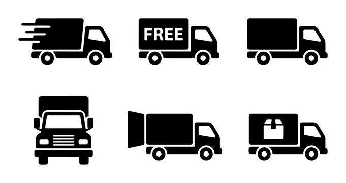 Delivery truck icon set, 6 black shipping van vector silhouettes, fast free delivery service symbols, commercial transport and logistics graphics