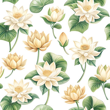 A seamless pattern with pichwai style lotus arranged in a tile-style repeat on a turquoise background. It can be used for printing on various surfaces like textiles and paper or digital work as well. 