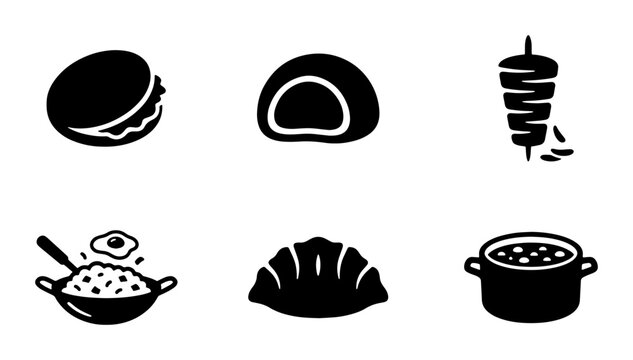 Minimalist food icons set, black solid vector silhouettes of international cuisine, 6 restaurant menu symbols including kebab and dumpling