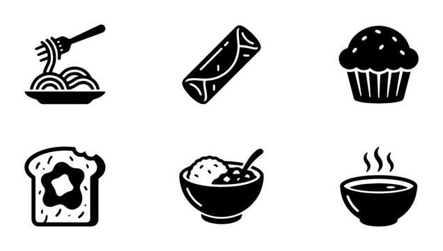 Minimalist food icon set, black solid vector symbols of pasta, burrito, muffin, toast, rice bowl, and hot soup, restaurant menu graphic elements
