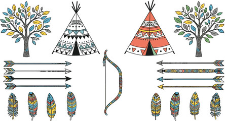 Tribal Native Elements Icon Set Collection with Teepee Bow Arrows Feathers and Decorative Trees for Boho Ethnic Design Illustration and Graphic Assets. © MstSuborna