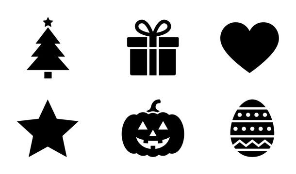 Minimalist holiday icon set with 6 black vector symbols, seasonal celebration silhouettes, festive event graphics for web and print design