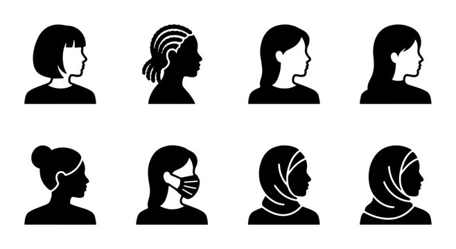 Diverse female profile avatar icons, set of 8 black silhouette woman head side view symbols, inclusive feminine user portraits for web design