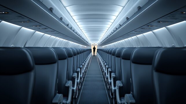 Interior of an airplane cabin with rows of empty seats and a person walking down the aisle towards the light at the end.
