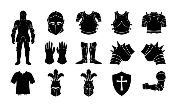 Medieval knight armor silhouette icons, 14 black warrior equipment elements, historical steel suit of armor vector set for gaming and heraldry