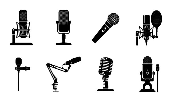 Professional microphone icons set, black silhouette studio mic collection for podcasting and recording, 8 vector audio equipment elements for music production