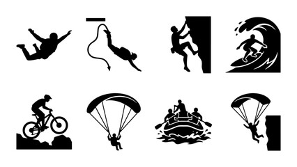Extreme sports silhouette icons set, outdoor adventure activities collection, black vector graphics of skydiving, rock climbing, surfing and mountain biking © Lima