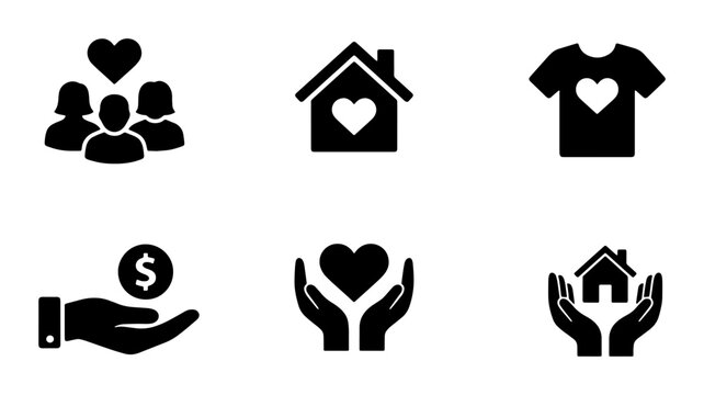 Charity and donation icon set, 6 black solid vector symbols for non-profit organizations, community support and humanitarian aid graphics