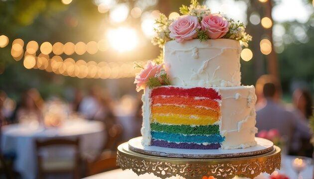 Two tier wedding cake with rainbow layers inside. Decorated with fresh pink roses and greenery. Served at outdoor reception with string lights.