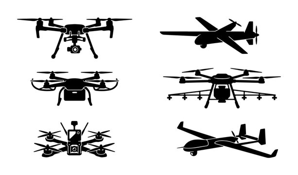 Unmanned aerial vehicle drone silhouette set, 6 black vector icons of quadcopters and fixed-wing UAVs, military and commercial drone collection