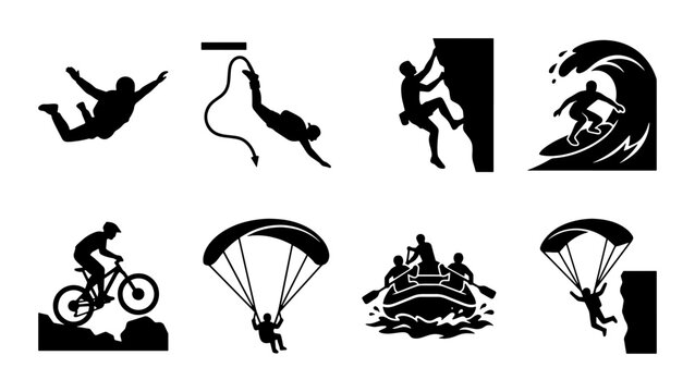Extreme sports silhouette icons set, outdoor adventure activities collection, black vector graphics of skydiving, rock climbing, surfing and mountain biking