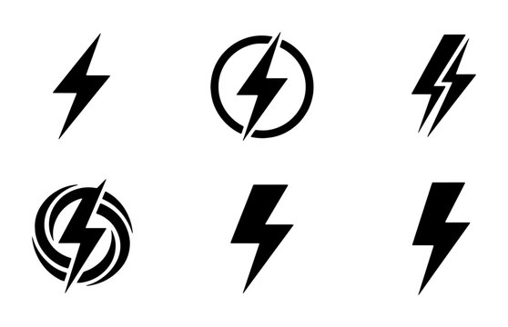 Lightning bolt icon set, black thunderbolt symbols for energy and power, 6 electric flash vector elements for logo design and UI