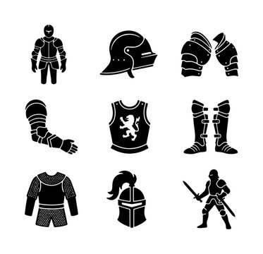 Medieval knight armor icons set, black silhouette warrior equipment vectors, ancient plate armor and helmet collection, historical combat gear