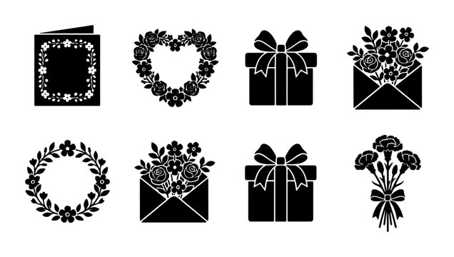 Black floral icons set, 8 romantic gift and flower vector elements, elegant wedding silhouettes, minimalist botanical celebration graphics for cards