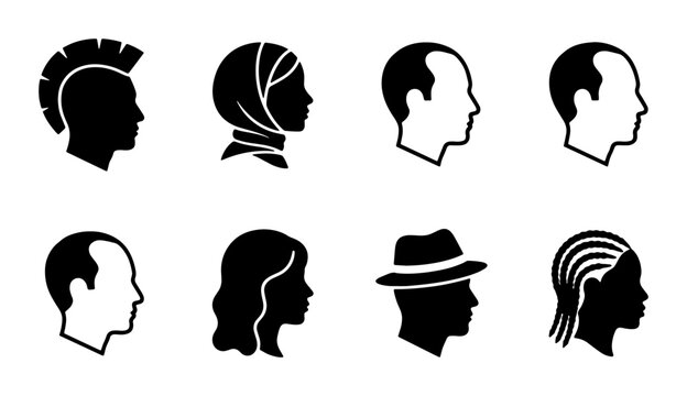 Diverse human profile icons set, black silhouette avatar heads with various hairstyles, 8 vector people portraits for social media and identity design