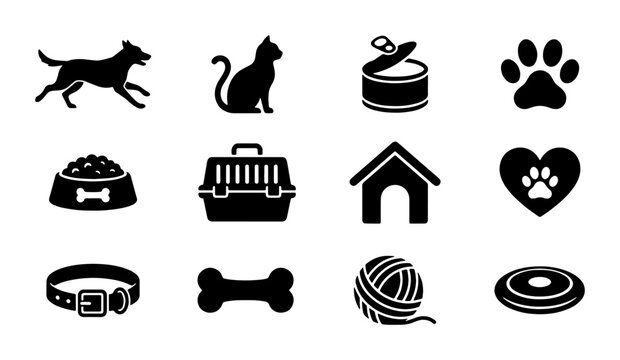 Pet care icon set with 12 black vector silhouettes, domestic animal shop symbols, veterinary clinic graphic elements, dog and cat supply icons