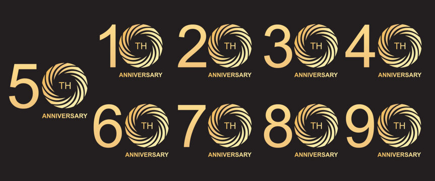Collection of Anniversary luxury gold celebration with Gold Circle Curve logo vector design concept. 10 Years anniversary gold logo template for celebration event, business company, invitation