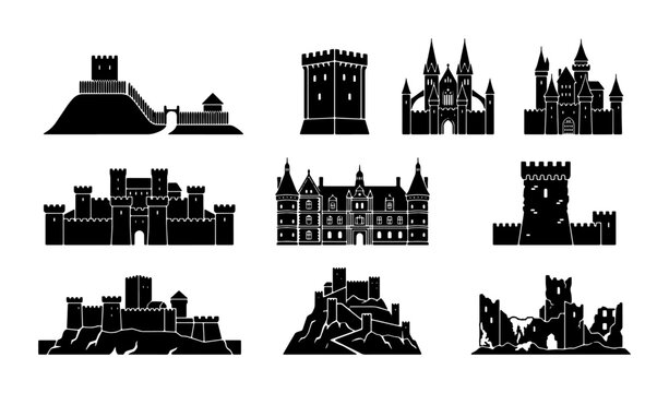 Medieval castle silhouette icons set, ancient fortress and palace vector collection, black stone citadel and royal mansion symbols for map design