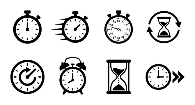 Stopwatch and timer icon set, 8 black clock and hourglass vector symbols, time management and speed measurement graphics for business apps