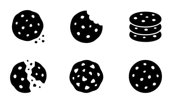 Minimalist chocolate chip cookie icon set, black silhouette biscuit vector collection, 6 sweet snack symbols for bakery branding and web design