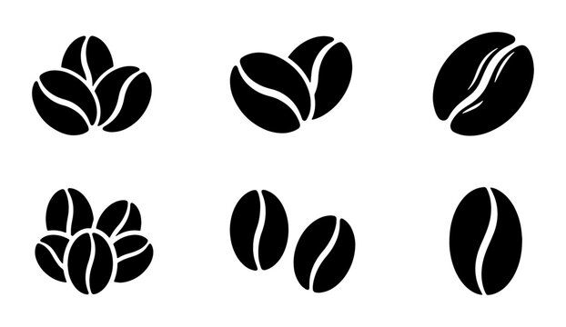 Minimalist coffee bean icons set, black roasted coffee seed silhouettes, organic espresso bean vector graphics for cafe branding and menu design