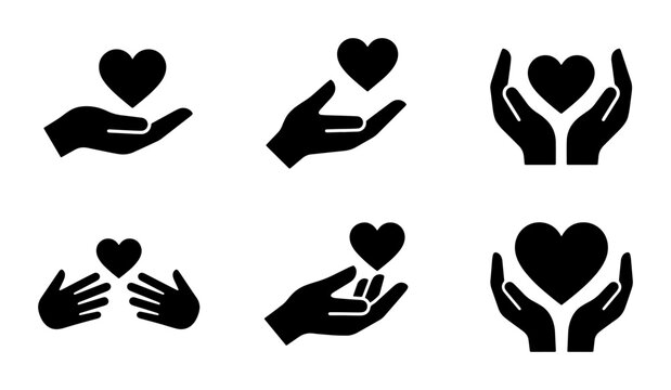 Charity and care icon set with hands holding hearts, black silhouette vector elements for donation and nonprofit organizations, 6 flat icons