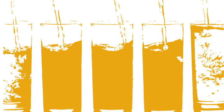 Vector illustration of an abstract autumn background featuring a fresh glass of cold orange citrus juice and a pint of yellow beer with foam isolated on a white refreshment object