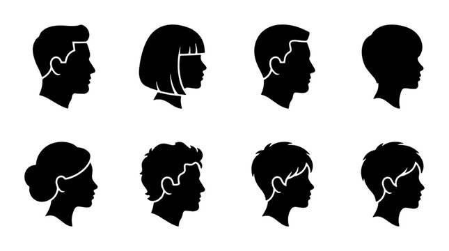 Minimalist profile silhouette icons, set of 8 diverse human head avatars, black and white side view portraits for user interface and social media
