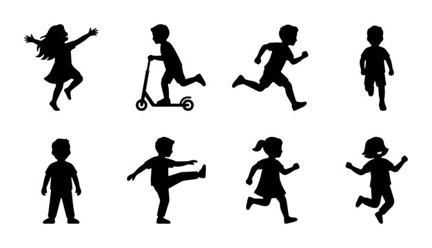 Active children silhouettes set, 8 black vector icons of kids playing and running, childhood activity and outdoor fun graphics for web and print