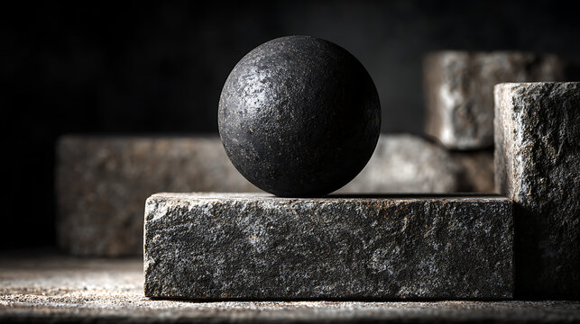Balanced dark sphere on stone