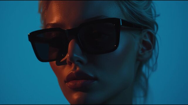 Model poses in sunglasses under blue light during a studio shoot with focused highlights on the face and features