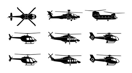 Military and civilian helicopter silhouettes, set of 9 aircraft vector icons, black chopper symbols for aviation infographics and transport design © Tasmia