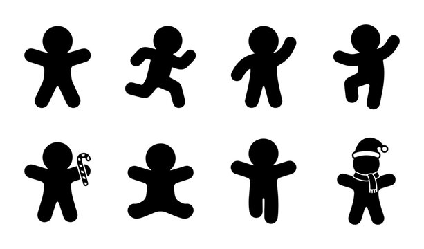 Gingerbread man silhouette collection, 8 black cookie icons with candy cane and santa hat, festive holiday vector set for christmas baking