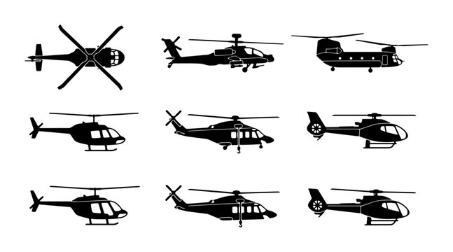 Military and civilian helicopter silhouettes, set of 9 aircraft vector icons, black chopper symbols for aviation infographics and transport design