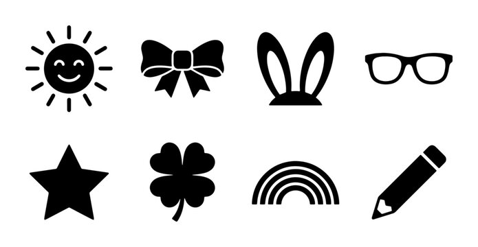 Minimalist black icon set with 8 vector elements, cute flat symbols including sun, bow, bunny ears, and glasses, simple graphic resources for web design