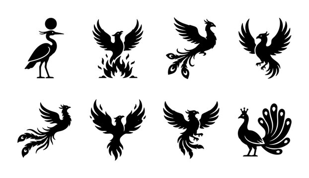 Mythical phoenix bird silhouettes set, 8 black firebird icons and peacock vector elements, ancient egyptian bennu and legendary creature logo collection