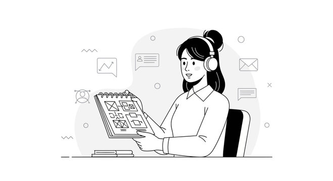 Woman with headphones sketching website wireframes, remote work, online communication