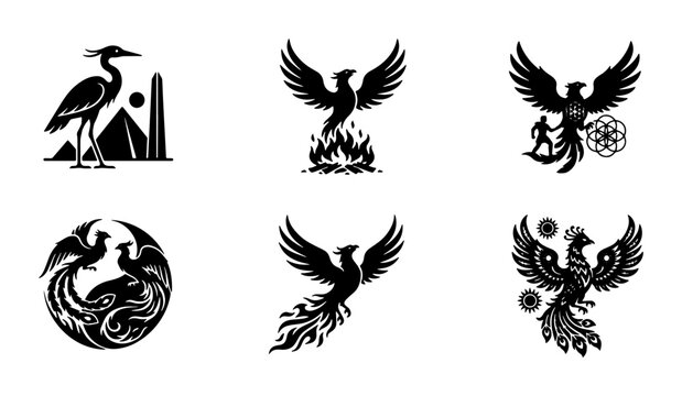 Mythical phoenix bird logo set, 6 black silhouette icons of firebird and heron, ancient Egyptian and fantasy creature vector graphics for branding