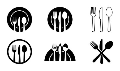 Minimalist cutlery icon set with fork knife and spoon, restaurant logo symbols in black and white, dining silverware vector collection for menus