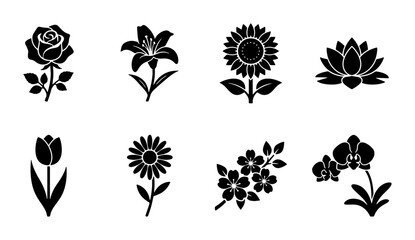 Minimalist flower icon set, 8 black floral silhouette vector elements, botanical rose lily sunflower lotus tulip daisy cherry blossom and orchid symbols © AbdullahAl
