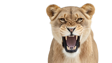 Fototapeta premium Front view roaring lioness with open mouth showing teeth isolated on transparent background