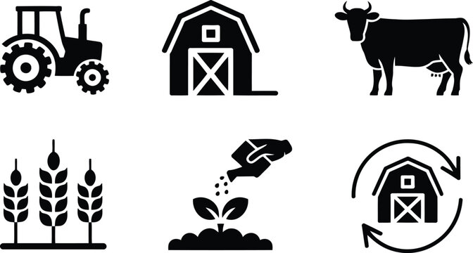 A comprehensive set of black farm related icons including a tractor, barn, cow, and growing crops