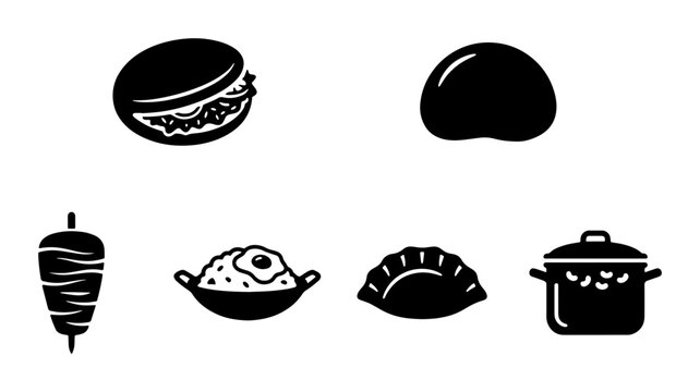 Asian street food icon set, black silhouette vector illustrations of bao bun, gyoza dumpling, kebab meat, and fried rice bowl for restaurant menus