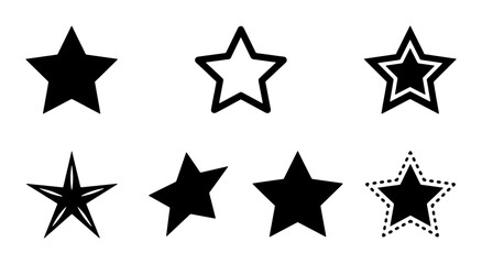 Obraz premium Minimalist black star icons set, collection of 7 decorative star shapes in various styles, flat vector star symbols for rating and UI design