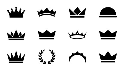 Minimalist crown icon set, black royal tiara and laurel wreath silhouettes, 12 elegant heraldic vector symbols for luxury branding and premium logo design © Rafia