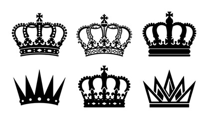 Royal crown silhouette collection, set of 6 black heraldic tiara icons, vintage monarch headwear symbols, elegant king and queen coronet vector set © AbdullahAl